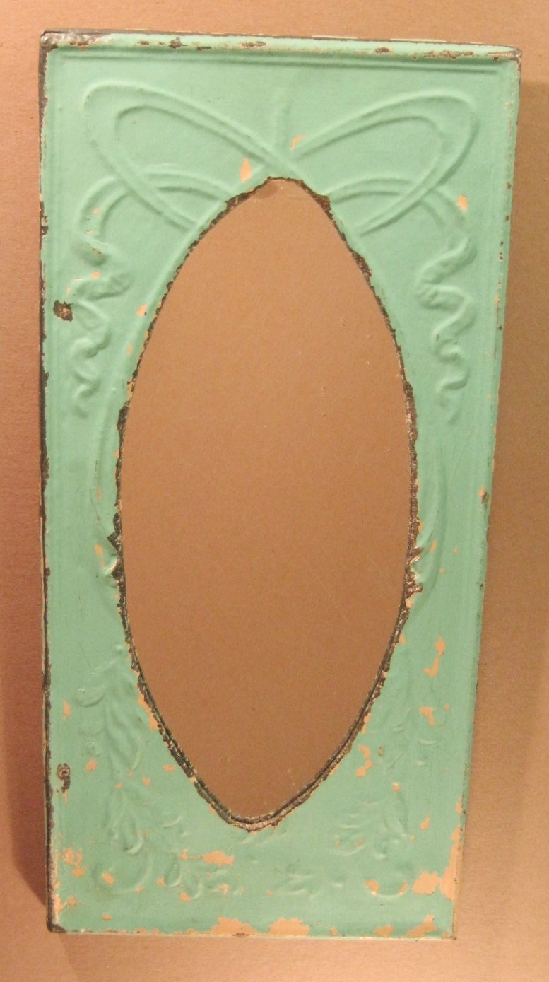 TIN CEILING Metal Mirror 11"x23" Oval GREEN Shabby Decorative Chic Recycled S 1064-13