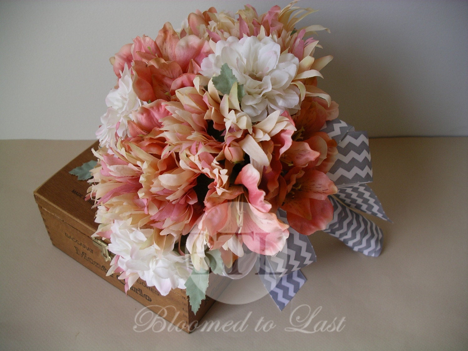 Vintage Coral, peach, Gray Chevron BOUQUET & BOUTONNIERE Wedding Shabby Chic, Set, Spring, Summer, Chevron Wedding