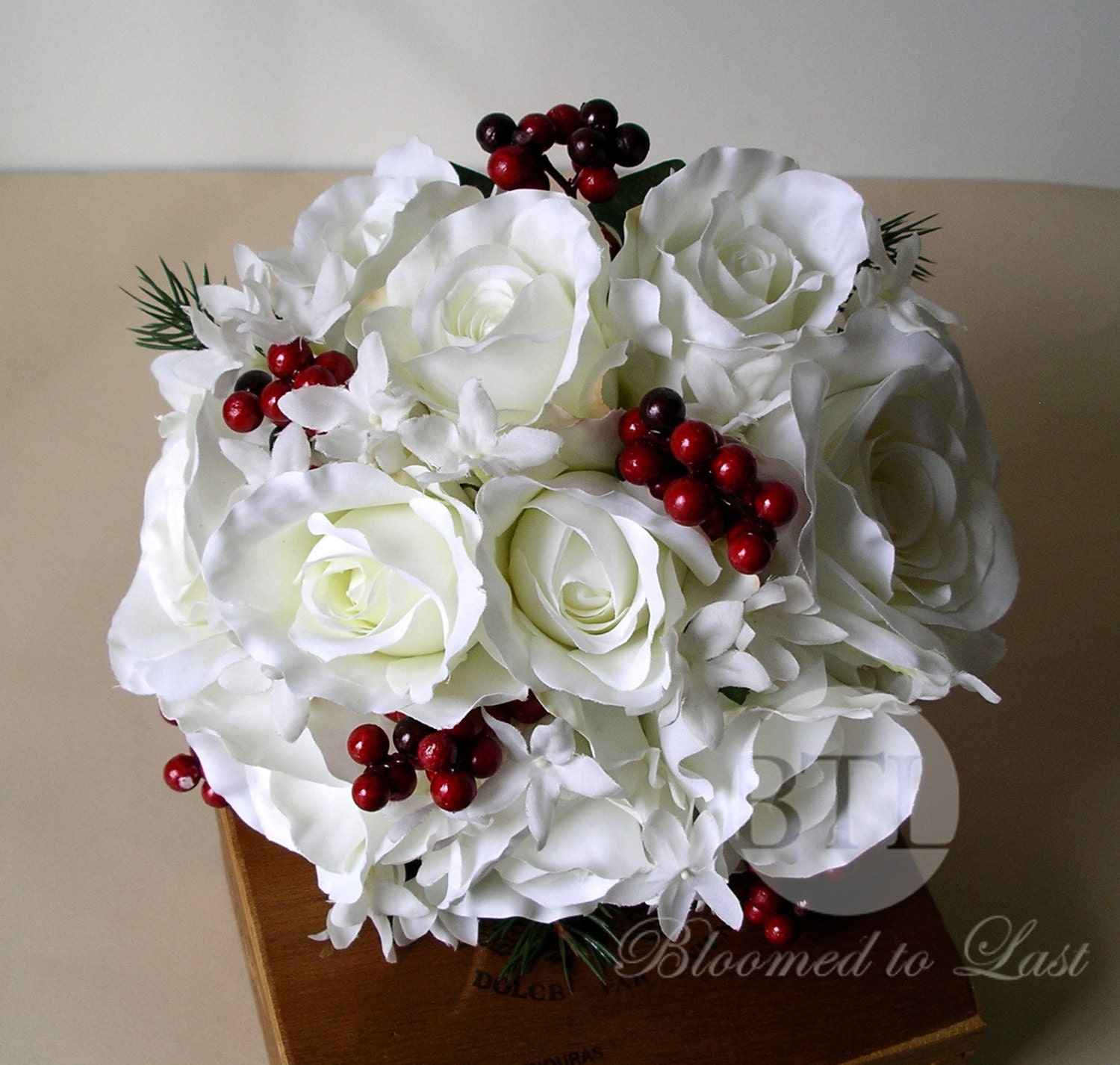 Christmas Winter White Premium Silk Rose and Red Holly Berry, Wedding Bouquet & Boutonniere