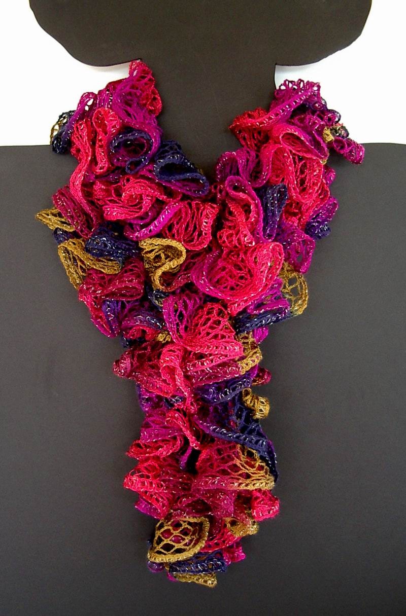 Ruffle Knit Crochet Scarf Fuchsia Pink Camel Purple Shades Starbella Mesh Yarn