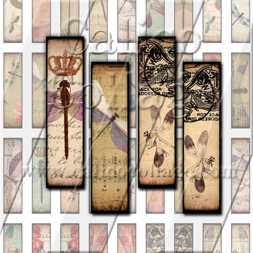 NEW Dragonflies - Instant Download Pritnable Digital Collage Sheet - .5x2 Inches Half Domino Matchstick Tile Size 110