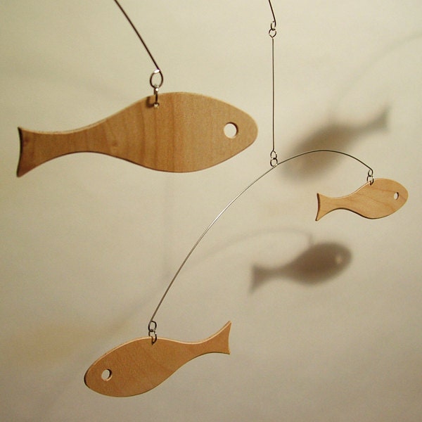 Modern Art Wood Baby Mobile for Nursery Mid Century Fish Retro