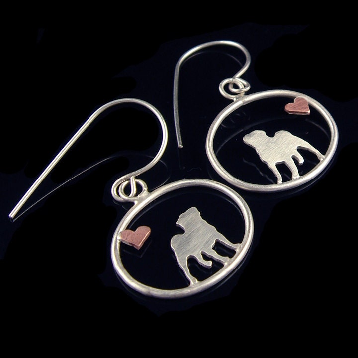 NEW - Pug Sterling Dangle Earrings with Tiny Heart