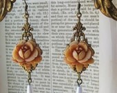 Art Nouveau Rose Earrings Coral flower brass findings tiny pearls