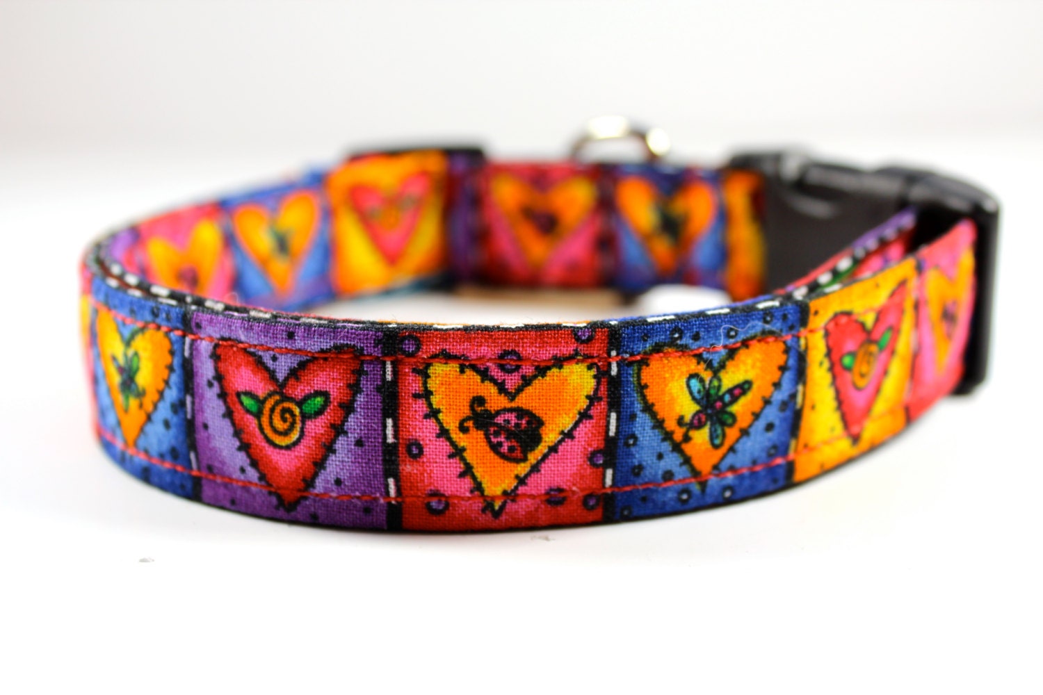 Valentine Heart dog collar colorful bright pinks, yellows, oranges, and purples