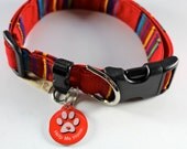 Laser engraved pet identification QR Scan Tag and dog collar in Guatemalan woven stripes of scarlet red, yellow, and teal