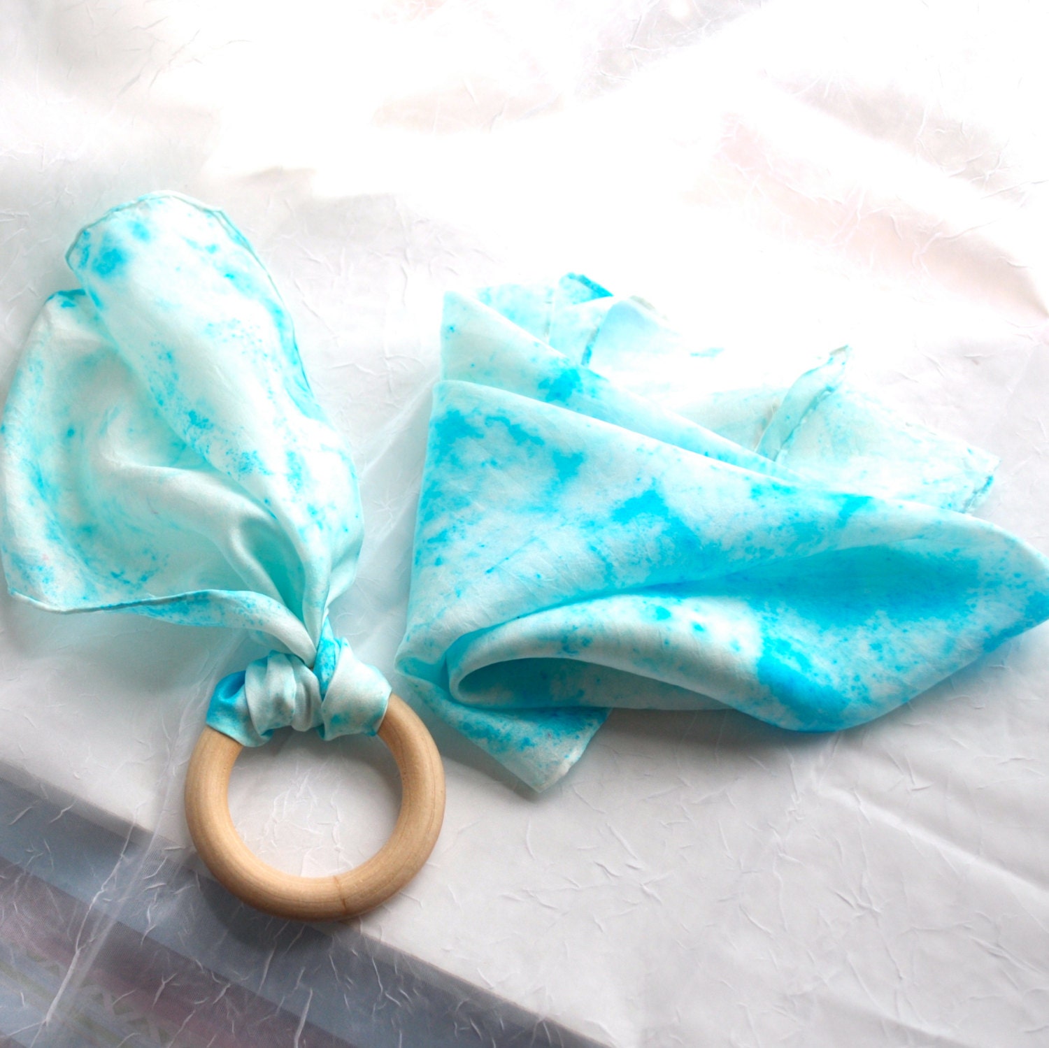 Teething Ring and Playsilk, Custom Dyed Silk / Baby Natural Toy - Waldorf Toy