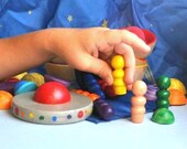Back to School / Wooden Toy -Rainbow Wooden Alien Dolls and Shaceship Box / Educational Toys