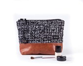 Black and charcoal upcycle wool cosmetic case , pouch