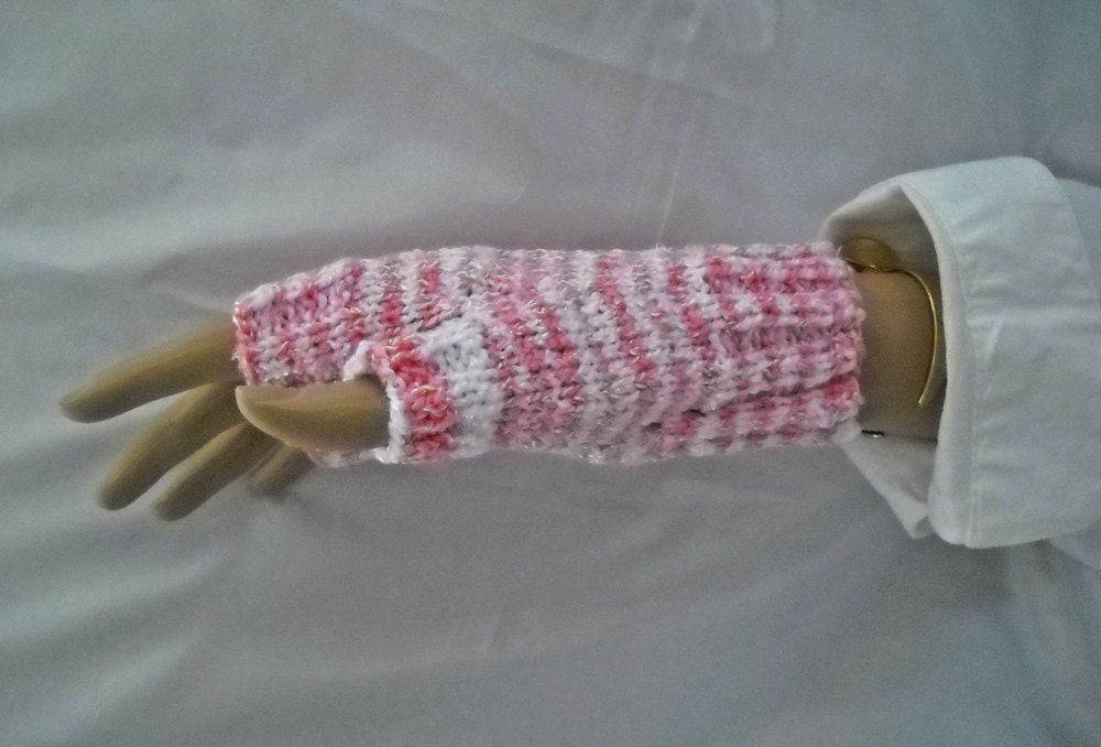 Fingerless Mitts, Gloves with Thumb, Handknit mini cables, Pink and White, 1 Size, Seamless, Vegan