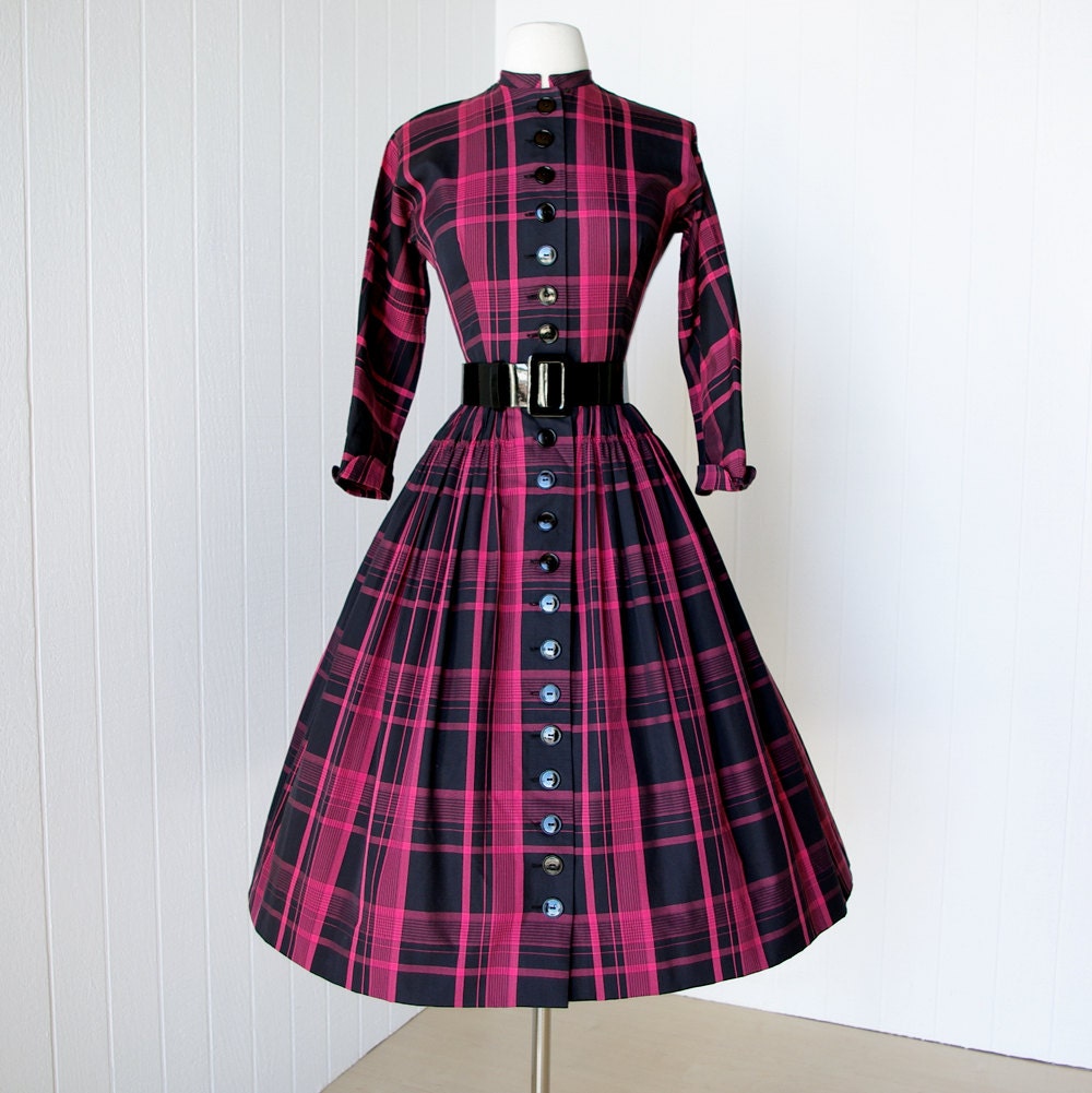 vintage 1950's dress ...must have early L'AIGLON black & berry woven plaid stripes turned cuffs full skirt pin-up shirtwaist dress