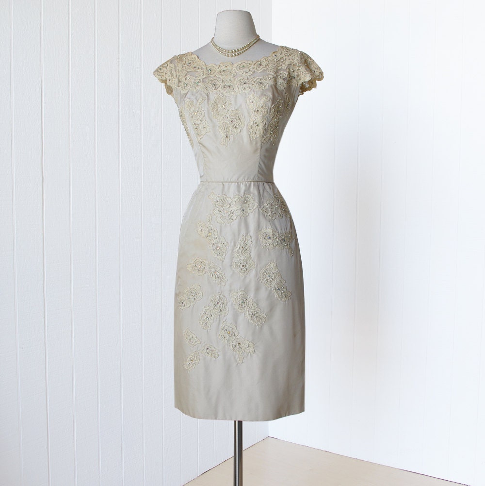 vintage 1950's dress ...gorgeous NUDE SATIN embellished with rhinestones lace and pearls bombshell wiggle pin-up cocktail dress w/ purse