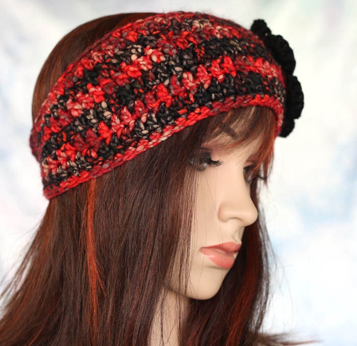 Black and Red Headband Earwarmer with Coordinating Flower and Button Closure - Black Red Warm Cozy Ear Warmer Black Flower Black Button