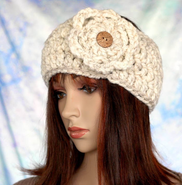 Extra Wide Cream Headband Earwarmer with Coordinating Flower - Warm Cream Beige Warm Cozy Ear Warmer with Matching Flower Extra Wide