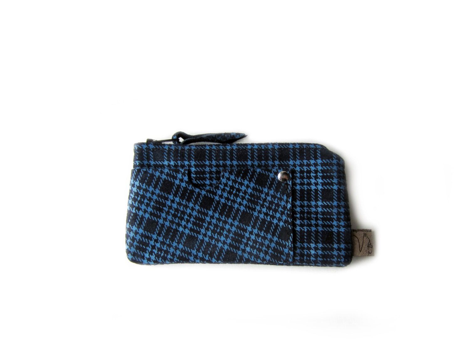 mini wallet black leather blue plaid zippered tiny card holder key clutch