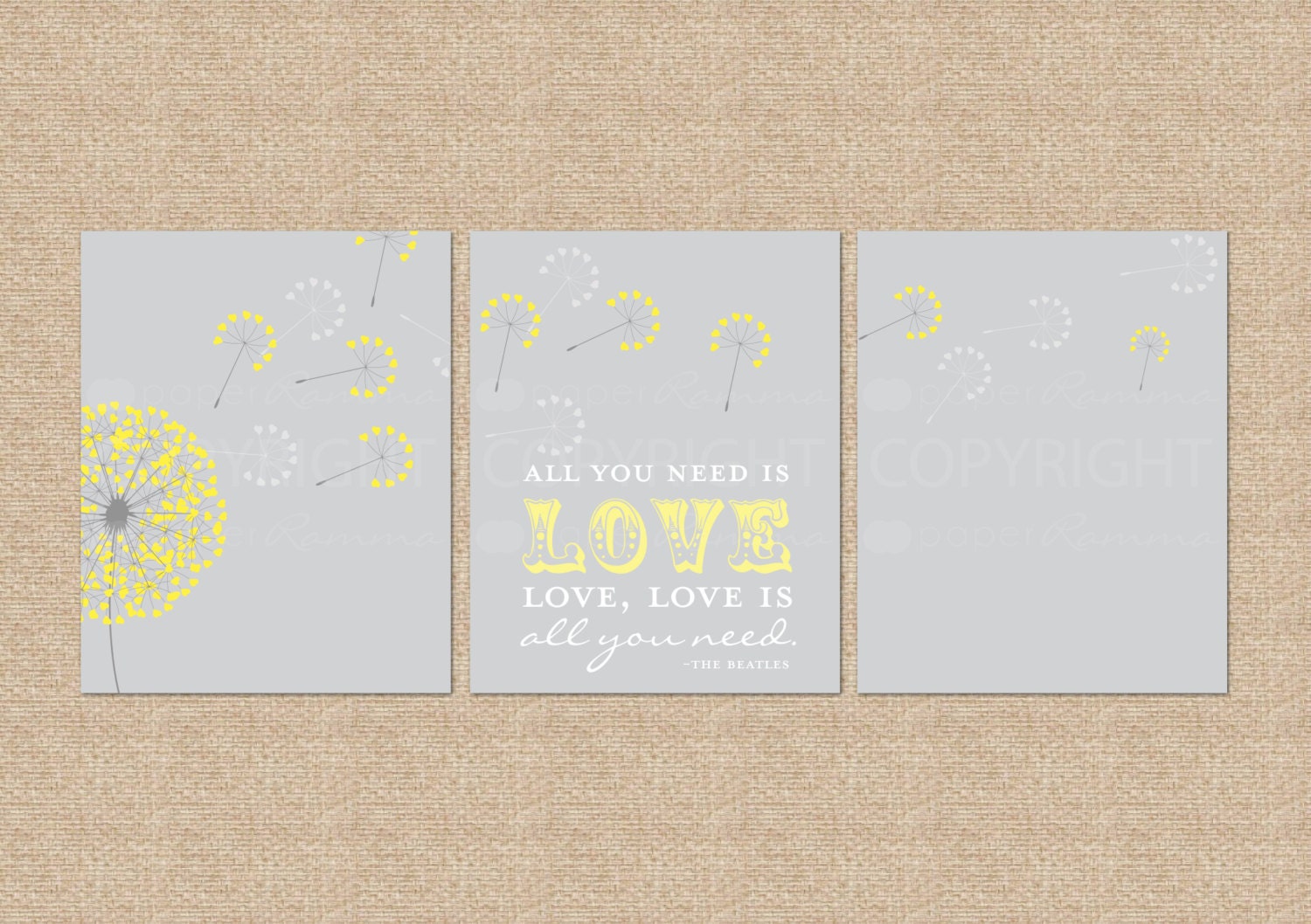 All you need is love... Beatles Quote Nursery / Kids Room Giclée Art Prints, 3 Print Set, Custom match colors to your nursery/room, 8 x 10