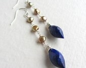Blue Lapis Lazuli and Champagne Freshwater Pearl Earrings