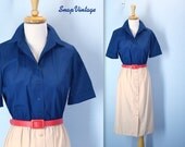 Vintage 70s Dress Khaki Navy Red Shirt Dress / Day Dress / s-m