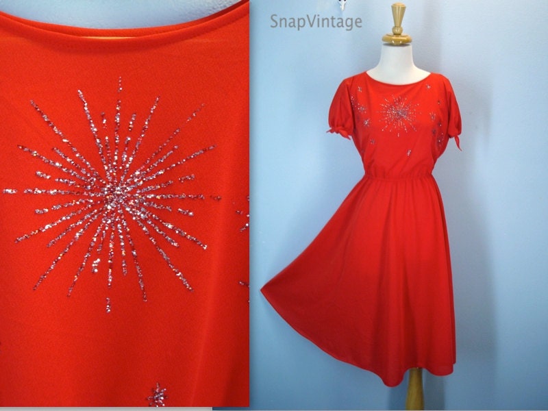 70s Fireworks Dress / Red Celebration Sparkler Dress / Tie Sleeve Dress / July 4th