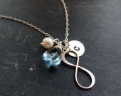 Personalized infinity necklace, figure eight necklace, initial & birthstone necklace, mother jewelry, friendship necklace, aquamarine