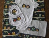 Baby Gift Set Owl applique four piece set onesie bib burpcloth blanket with woodland navy blue red orange brown gold yellow singing owls