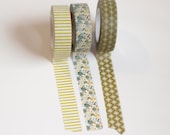 Green and yellow washi tape, set of 3, floral, stripe Japanese masking tape craft supply