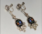 Art Deco Earrings Dangle Silver Glass Enamel Flower Vintage 1930s Art Deco Jewelry