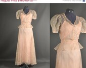 25% Off Sale Vintage 1930s Dress, 30s Dress full skirt floral silk organdy 3 piece set glass crystal buttons wedding 30s dress