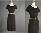 25% Off Sale Vintage 1950s Dress wiggle embroidered velvet black designer Parnes Feinstein cocktail dress