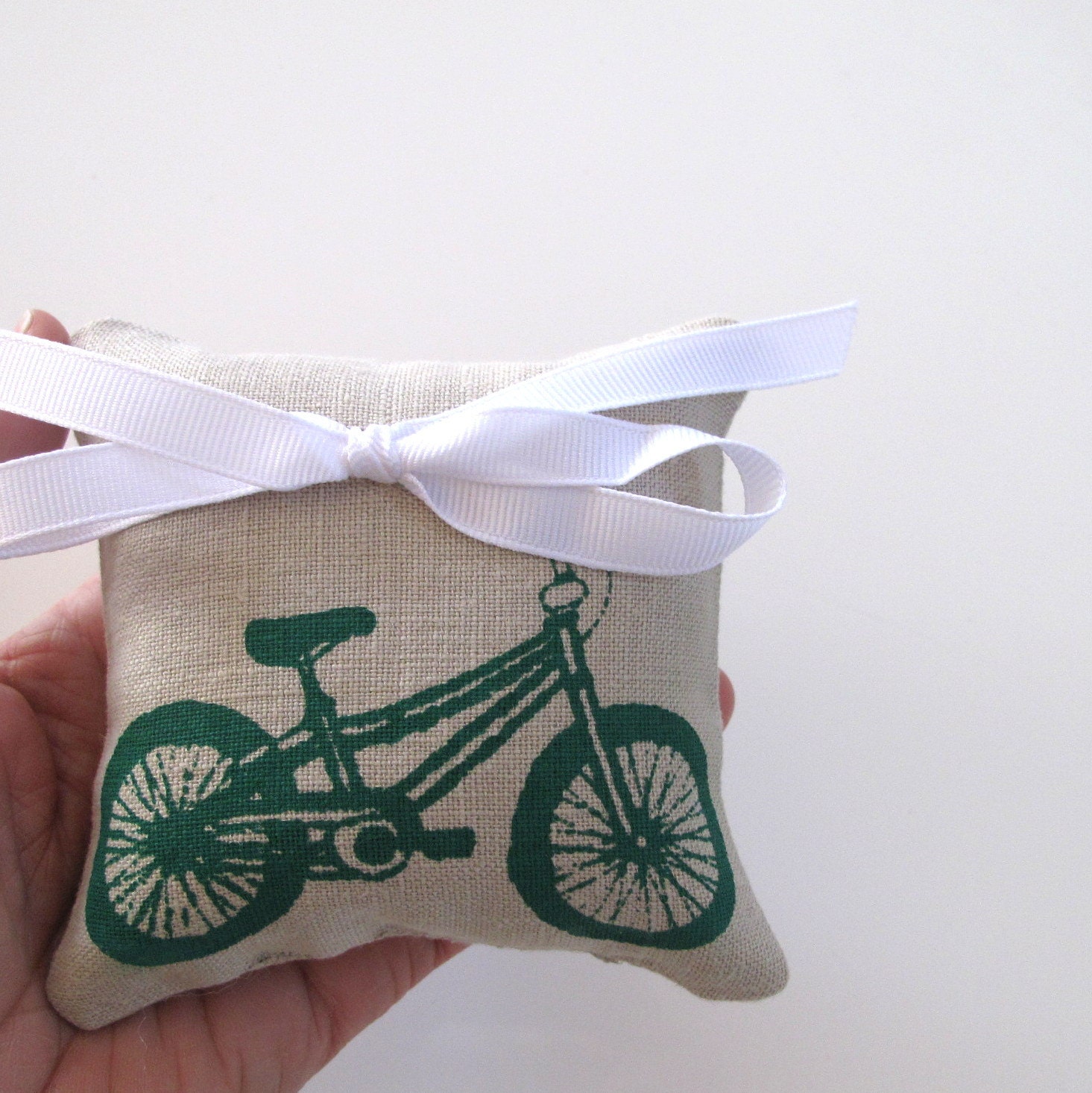 Bicycle Wedding Ring Bearer Pillow 4 x 4 inches on Natural Beige Linen