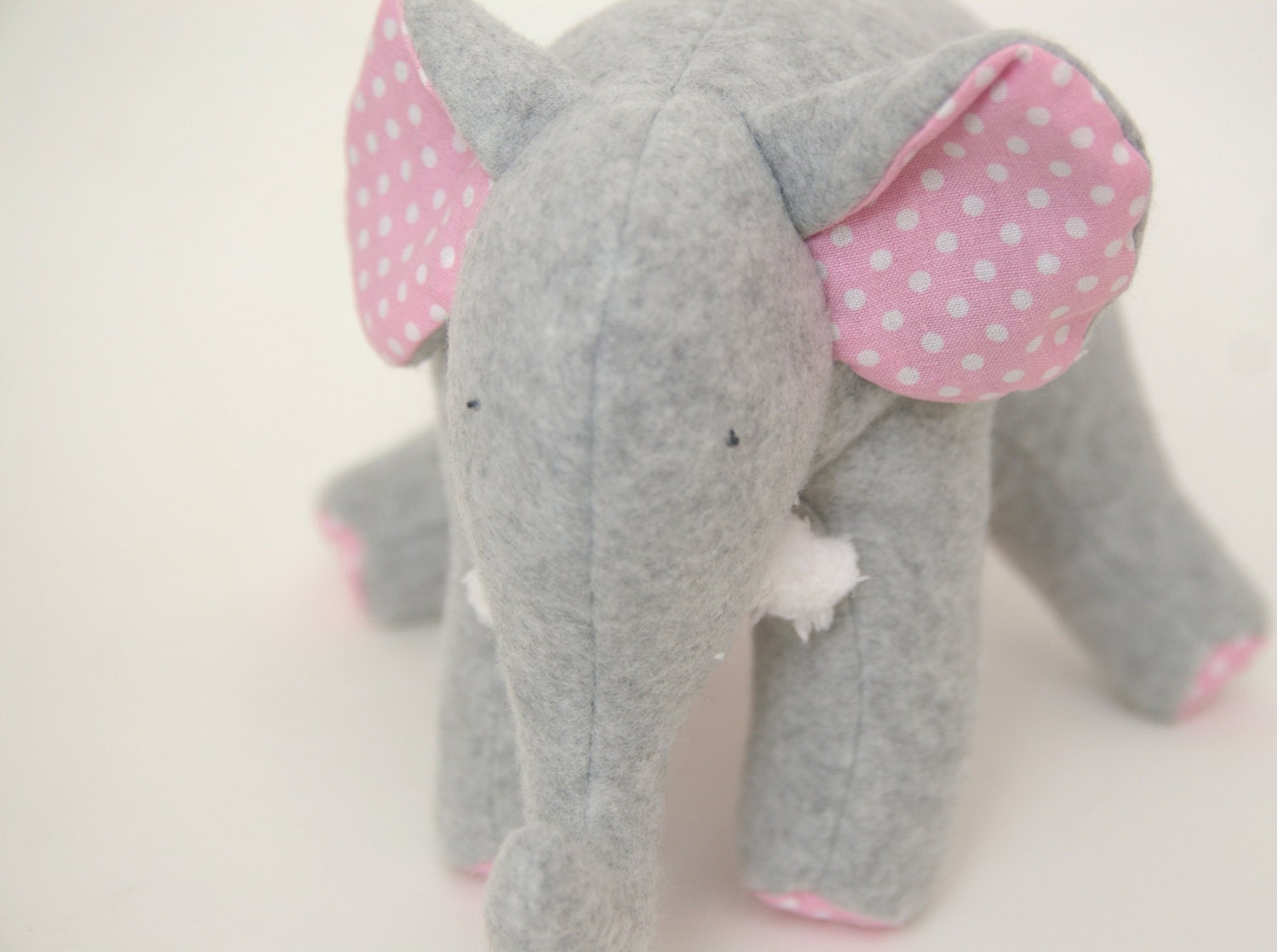 Pinky Gray - Grey Fleece Elephant with Pink and White Polka Dot Cotton Tummy and Chenille Tusks