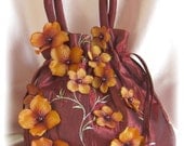 Embroidered Silk Bridal Drawstring Purse Bag, Burgundy and Burnt Orange Hydrangeas Purse, Wedding Dance  Bag