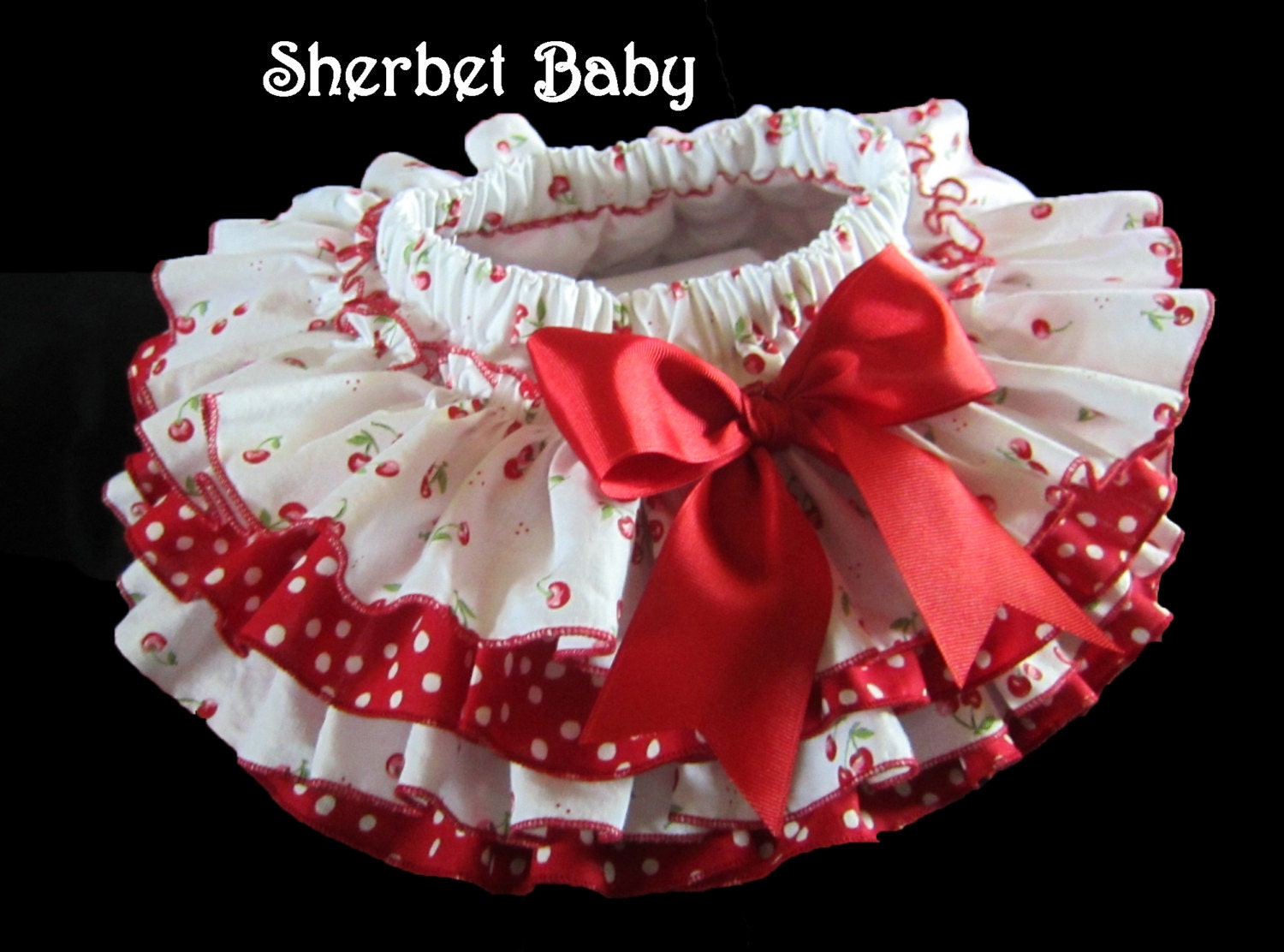 Cherries & Polka Dots  Four Ruffle All Around Ruffle Sassy Pants Diaper Cover Bloomer Skirt Fabric Tutu