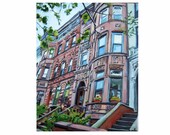 Brooklyn 16x20 Original Cityscape Painting. Brownstone View NYC pink peach mauve blue Urban Fine Art. Gwen Meyerson