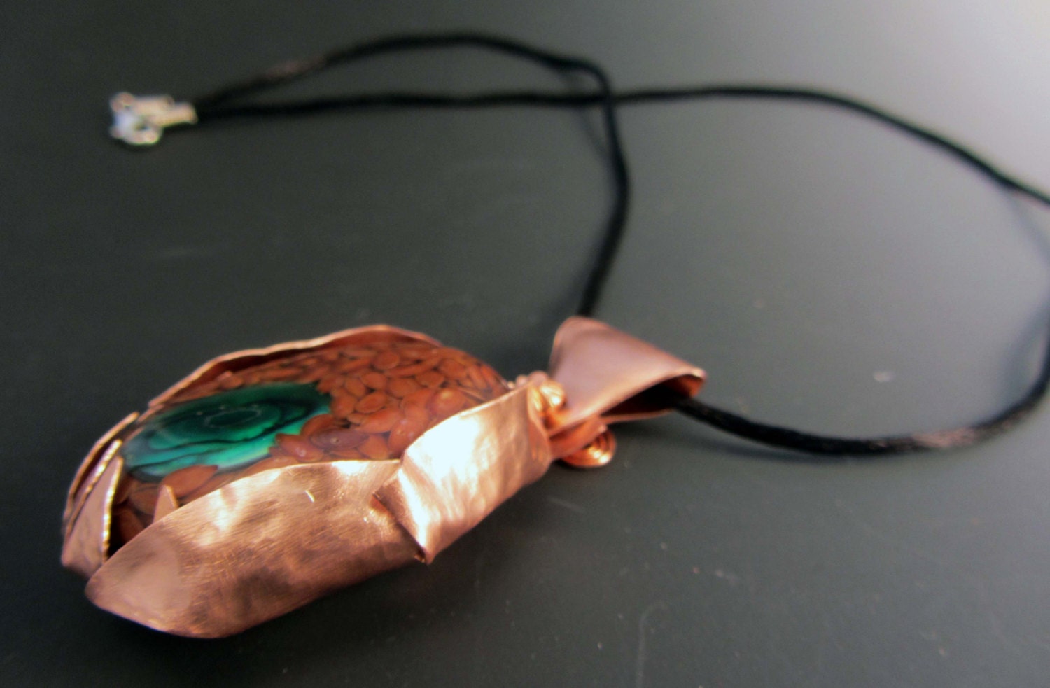 OOAK "Egg" with Paua Shell, Resin cab of seeds, copper