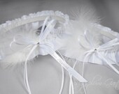 Just Married Wedding Garter Set in White Satin with Swarovski Crystals and Marabou Feathers