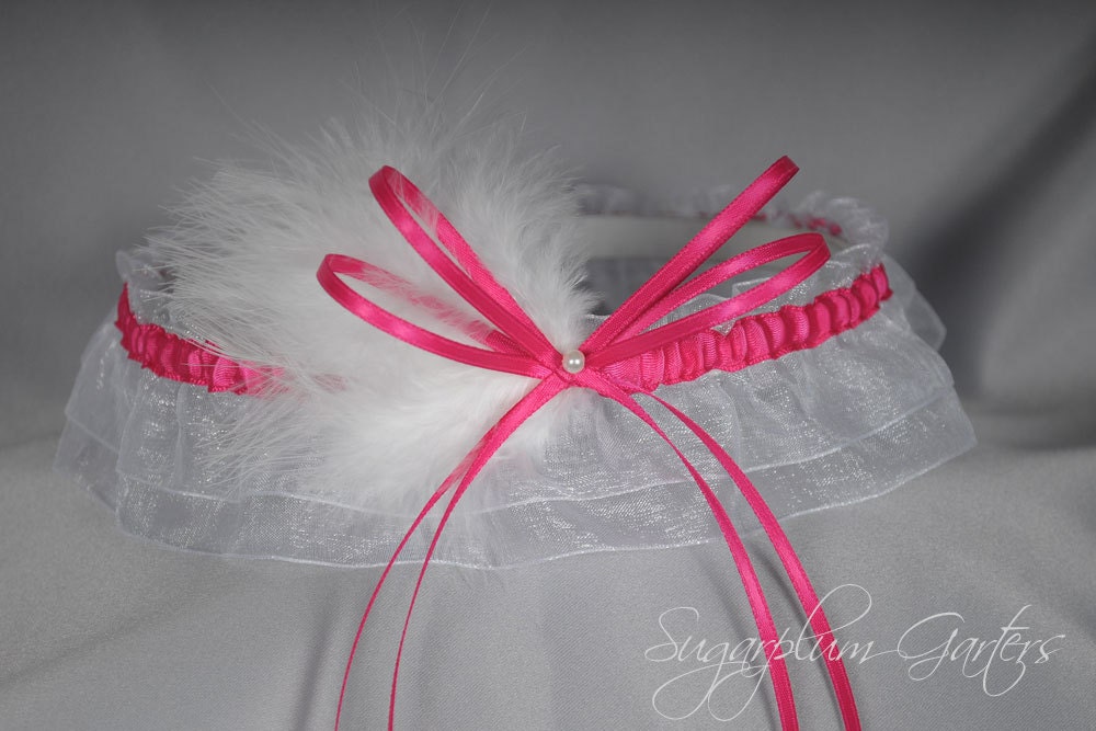 Wedding Garter in Hot Pink and White with Pearl and Marabou Feathers