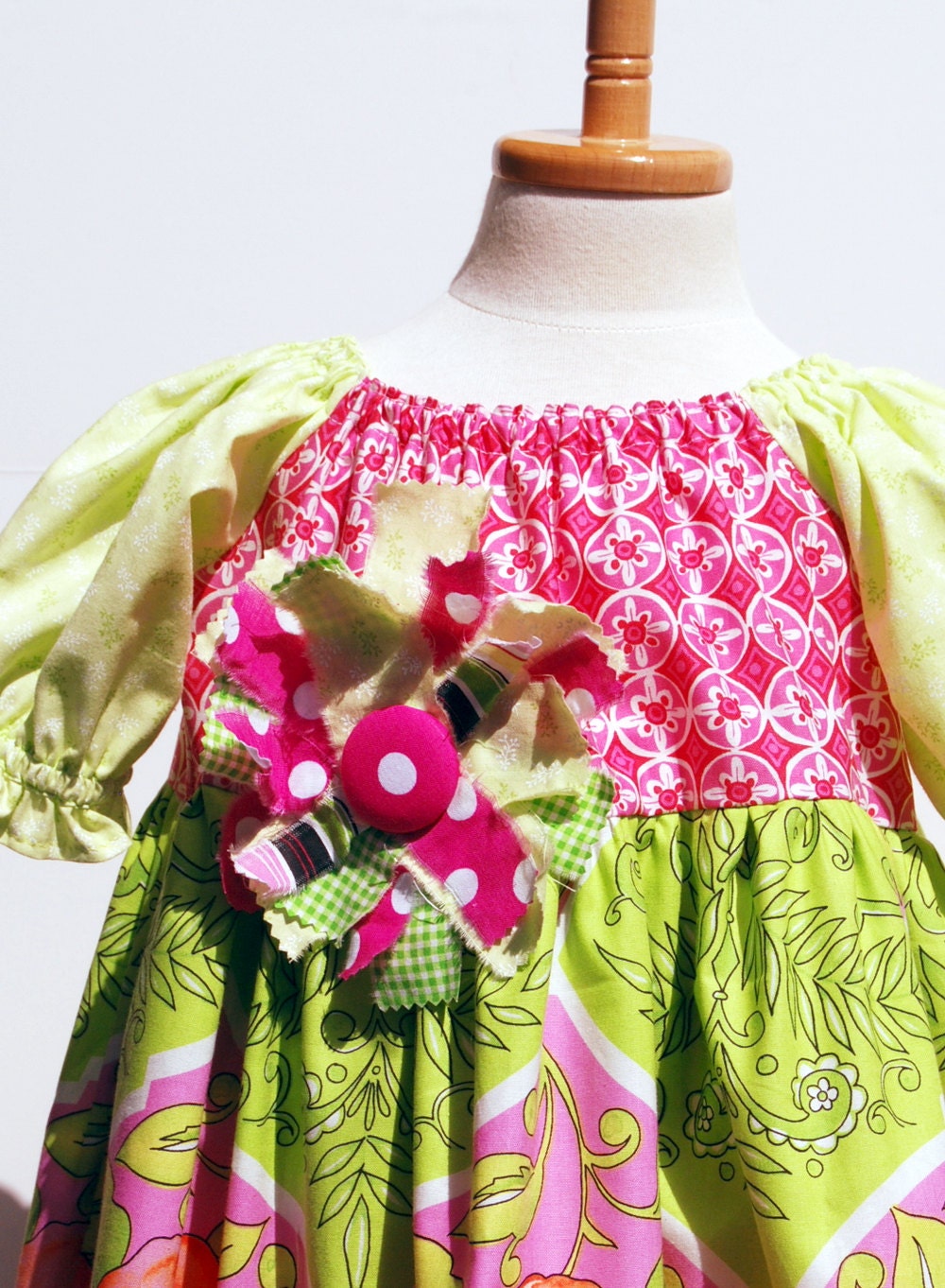 Little Girls Peasant Dress in Pink and Green