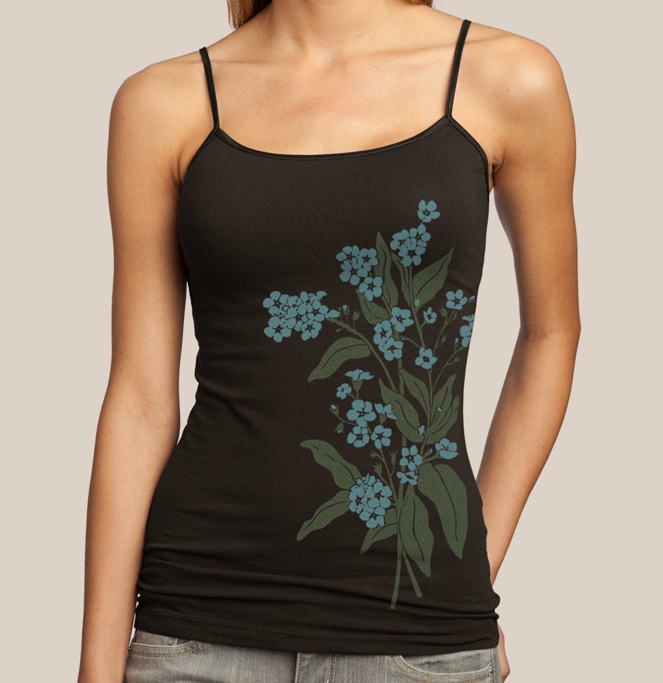 Women's PLUS SIZE tank top, Forget Me Nots Flowers Brown Spaghetti Strap Tank Top 2X-4X
