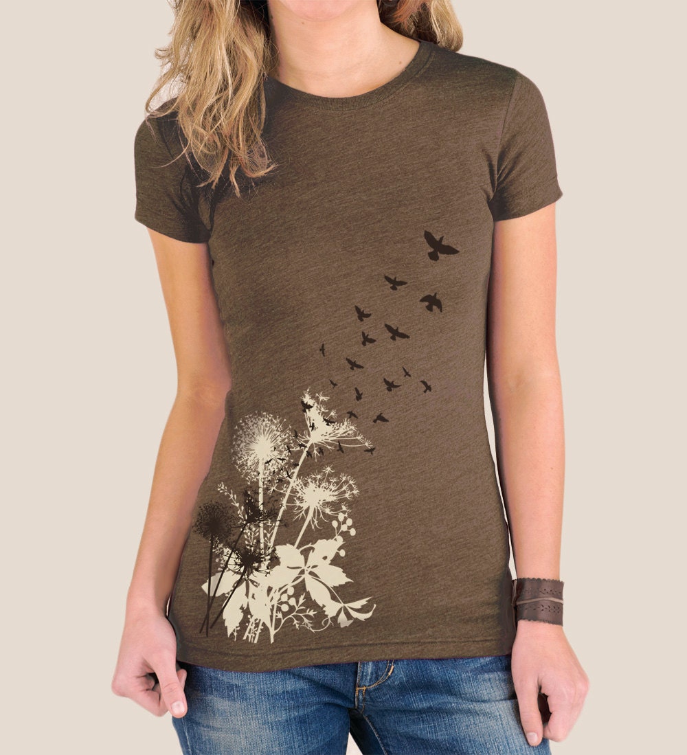 Women's T-Shirt, Dandelion Print, Vintage Dandelions Birds T-shirt