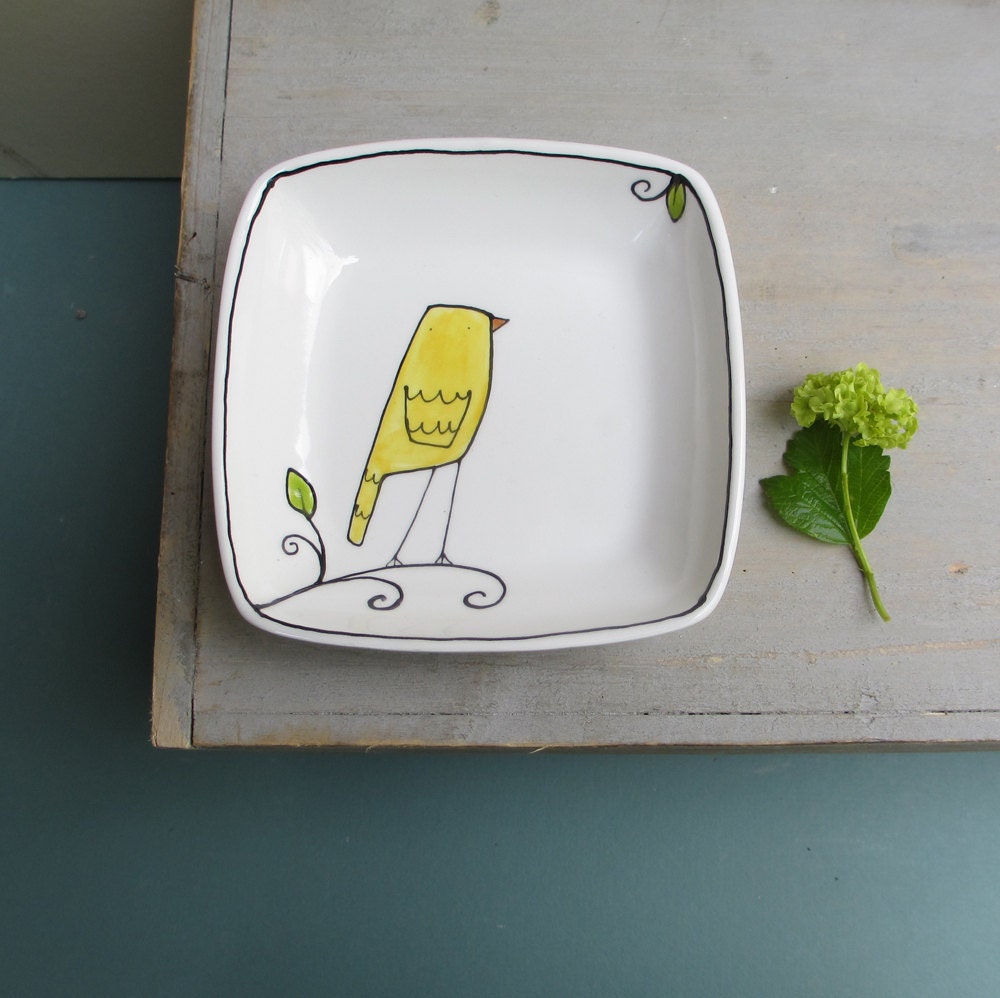 Ceramic yellow and white bird square dish, spring yellow bird tray, whimsical gift for her