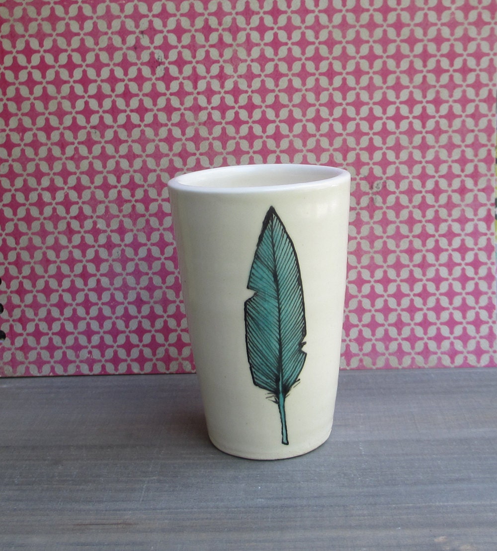 Ceramic bird feather vase, blue spring feather flower vase gift for her,  pottery by catherinereece