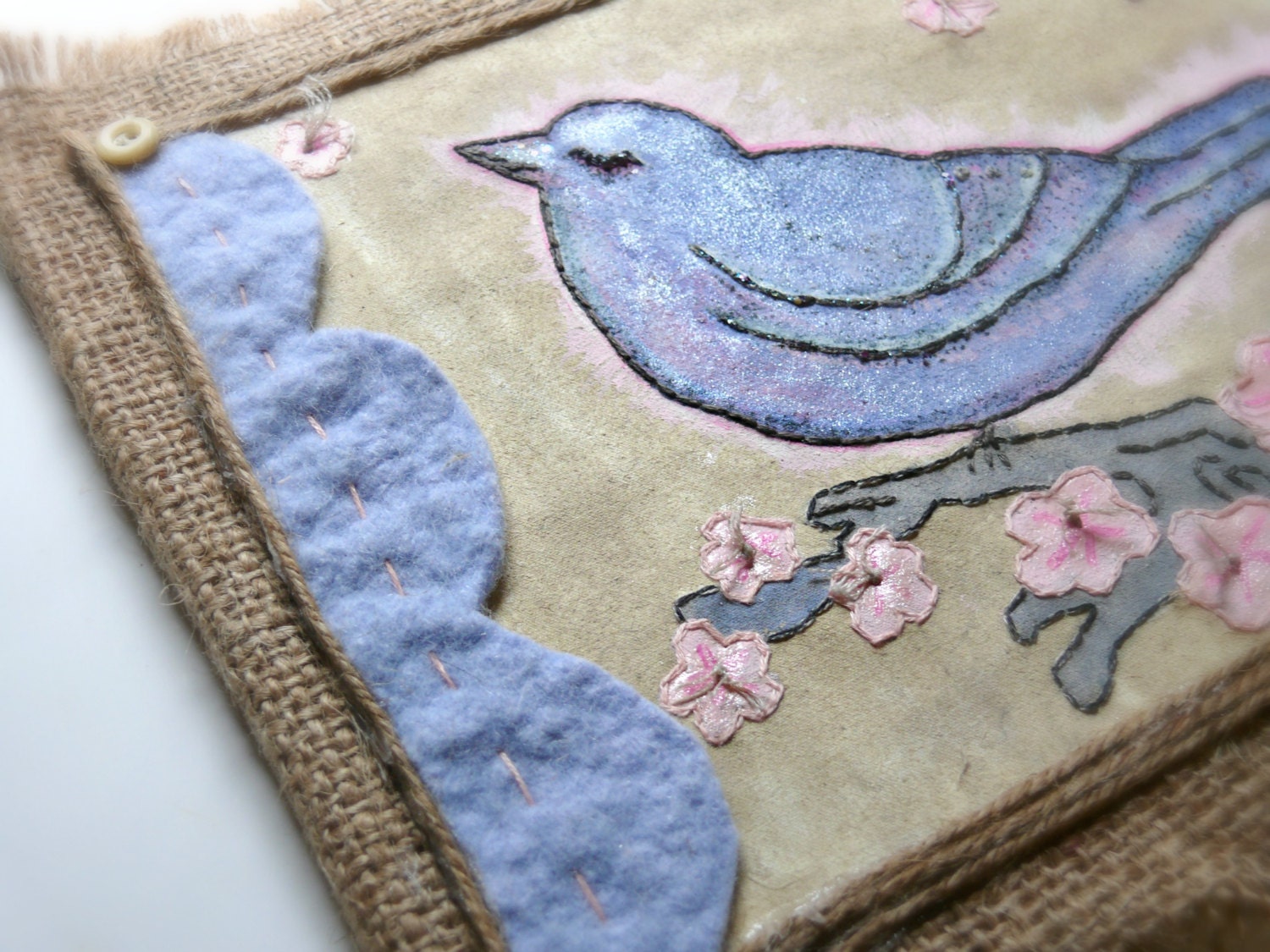 Spring Bird Painting, Hand Embroidery Textile Art Mixed Media Framed Art Shabby Chic Rustic
