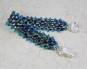 Aqua Azuro Faceted Round Beadwork Cuff Bracelet Magnetic Clasp Right Angle Weave