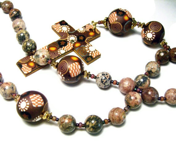 Anglican Protestant Prayer Beads Rosary Polymer Clay Canework Handmade Mica Shift Cross Leopardskin Jasper  Everything Else Religious