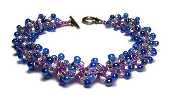 Handmade Beaded Bracelet Beadweaving Seed Beads Drop Beads Spiral Pattern Blue Magenta Silver Art Jewelry 8 1/2"