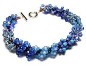 Handmade Beaded Bracelet Beadweaving Seed Beads Aurora Borealis Finish Drop Beads Spiral Pattern Blue Turquoise Silver Art Jewelry 8 3/4"
