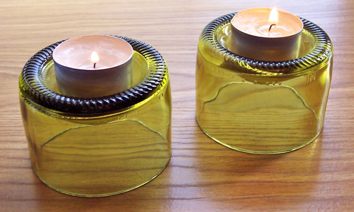Handmade Glass Wine Bottle Tea Light Votive Pillar Candle Holder- Your Choice of Yellow, Amber, Clear, Green