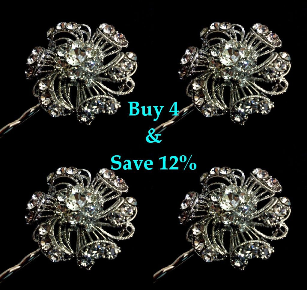 Bridesmaids Crystal Hair Pins, Swarovski Bridal Headpieces, Rhinestone Hair Accessories, SPIRAL 4 Pieces