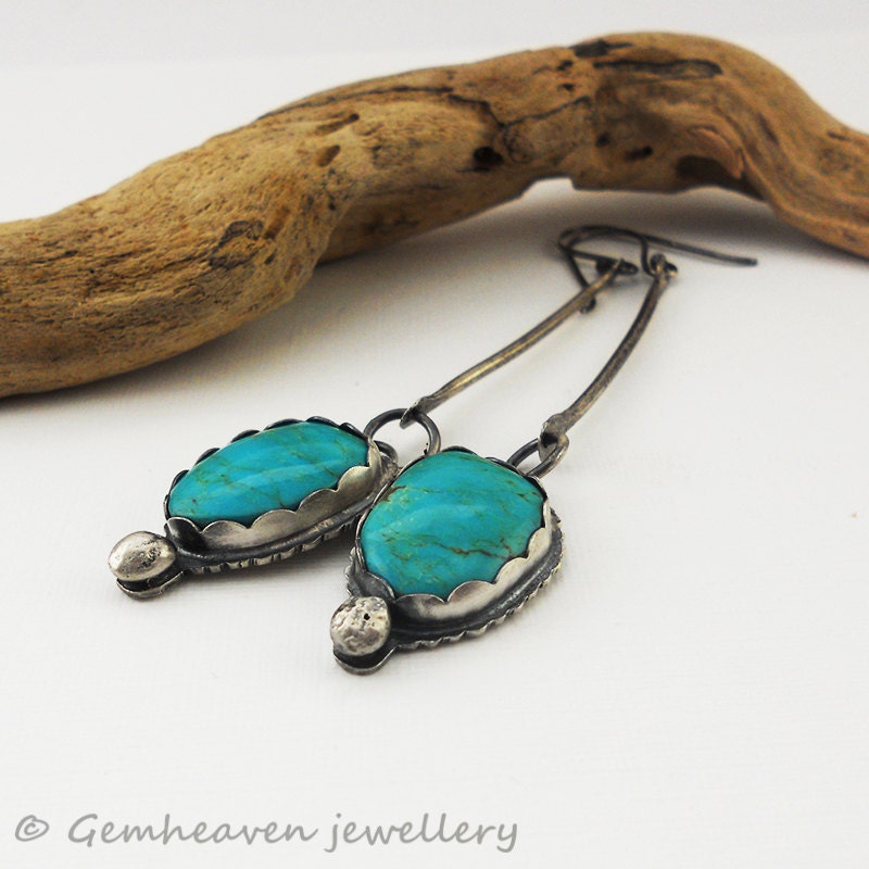 Sterling silver long dangle earrings with Turquoise - Button Down  -